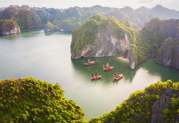 Croisière au cœur de la baie d'Ha Long entourée de formations karstiques.