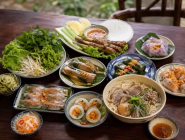 Assortiment de spécialités de Hué avec bánh bèo, bánh khoái, nem lụi et plats de riz
