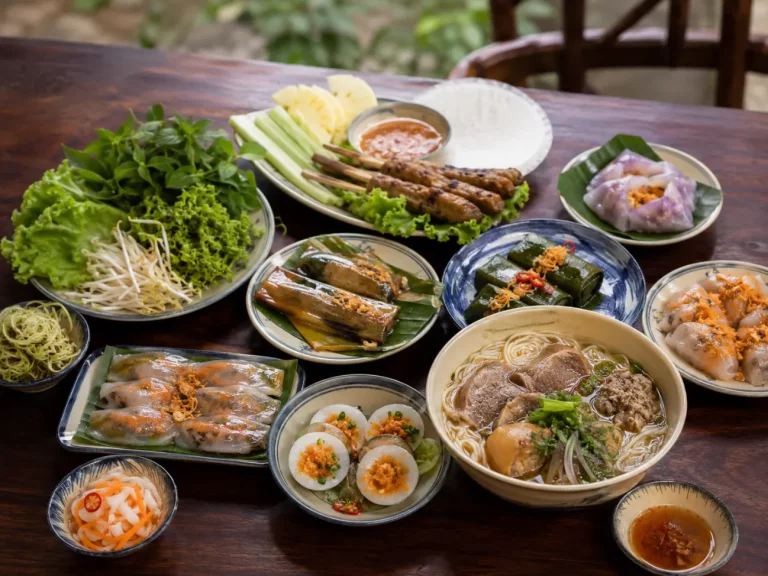 Assortiment de spécialités de Hué avec bánh bèo, bánh khoái, nem lụi et plats de riz