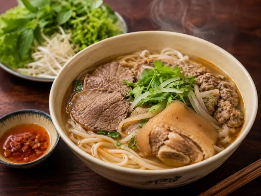 Bol de bún bò Huế avec bœuf, nouilles de riz, herbes fraîches et citron