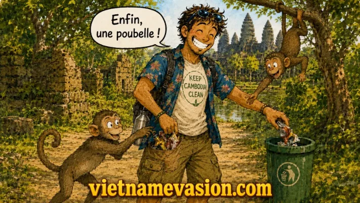 Voyageur jetant ses déchets dans une poubelle près d’Angkor.