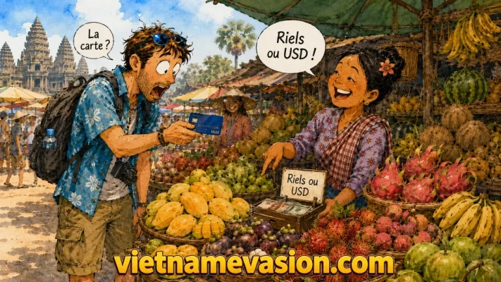 Voyageur achetant des mangues avec des riels dans un marché rural cambodgien