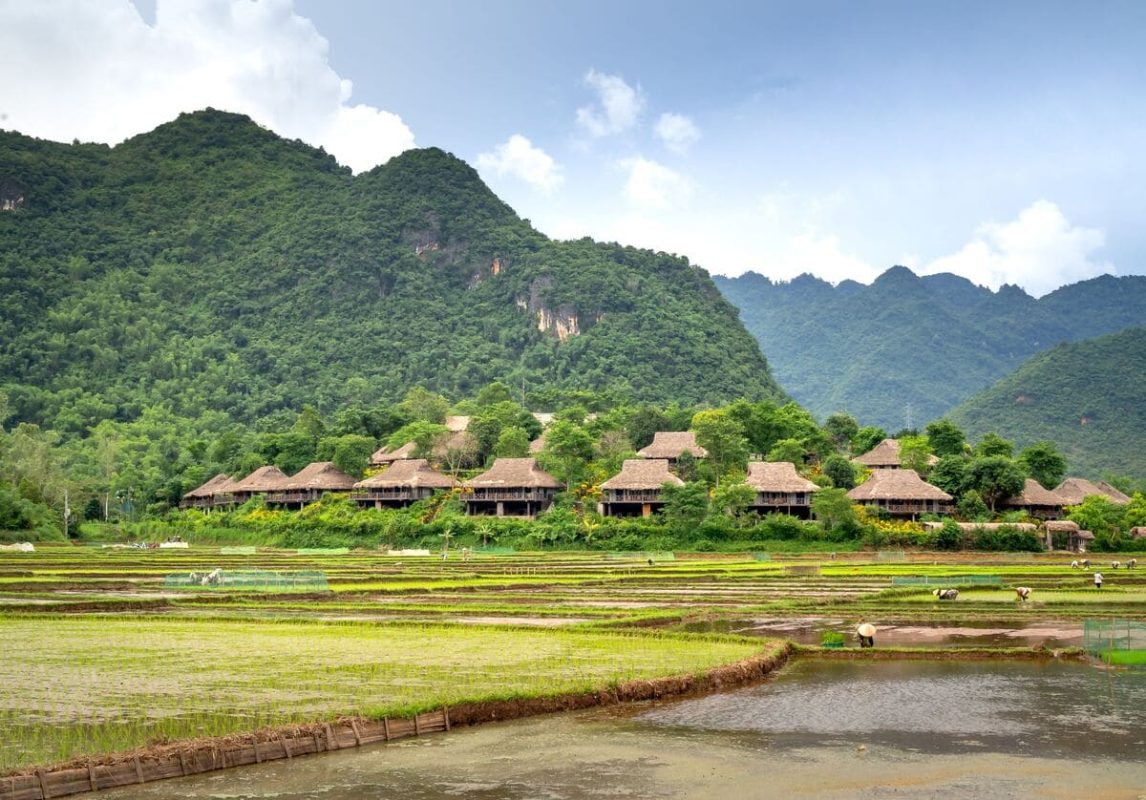 Rizières et maisons traditionnelles dans la vallée de Mai Chau au Vietnam