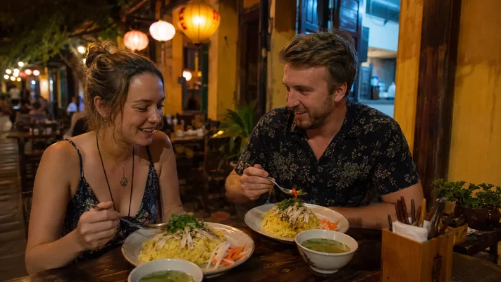 Deux voyageurs dégustant du riz au poulet à Hoi An.