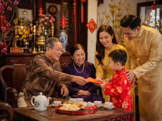 Les grands-parents offrent des lì xì à leur petit-fils pendant le Têt.