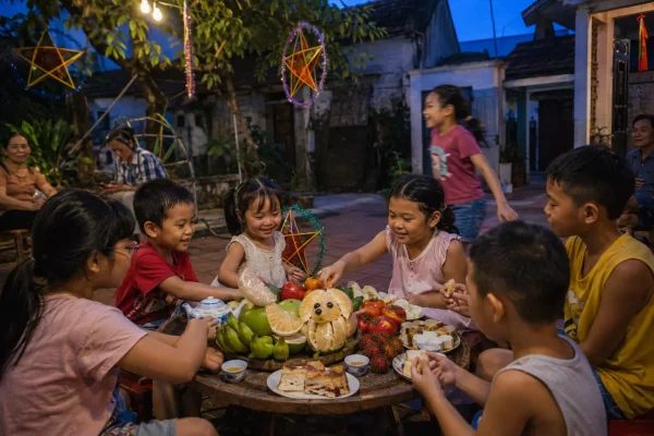 Enfants partageant le repas de la fête de la mi-automne au Vietnam