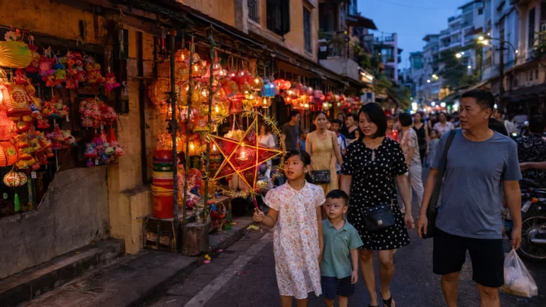 Enfants avec une lanterne étoilée pendant la fête de la mi-automne à Hanoï