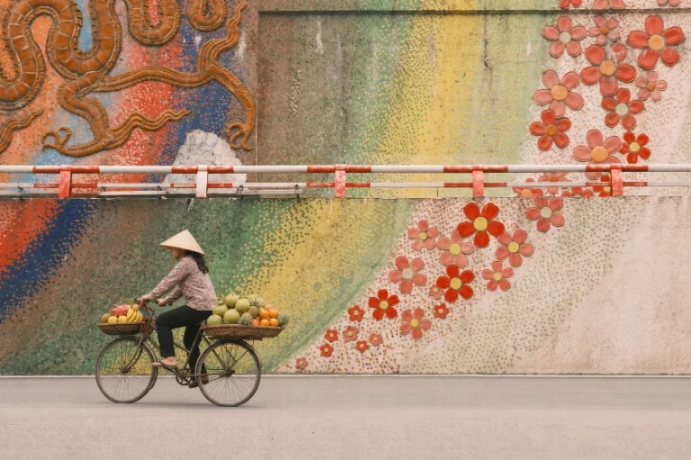 Une vendeuse de fruits à vélo devant la Route de la Céramique à Hanoï