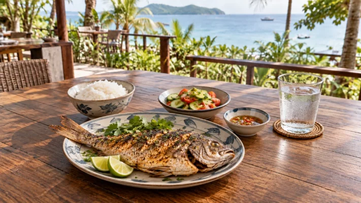 Repas halal à Phu Quoc avec poisson grillé et riz