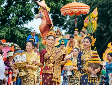 Un défilé festif au Laos, entre costumes traditionnels et offrandes fleuries.