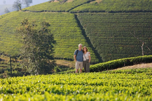 Un couple de voyageurs pose au milieu des collines de thé de Long Coc.
