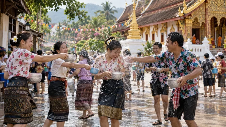 Fête de Pi Mai au Laos : jeux d’eau devant un temple