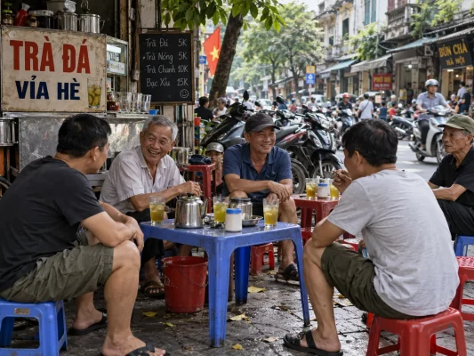 Au Vietnam, le trà đá se savoure sur les petits tabourets des trottoirs, au rythme des conversations et de la vie quotidienne.