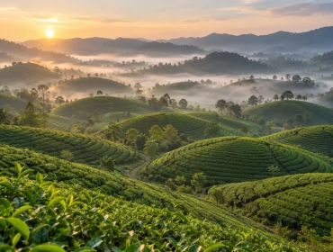 Les collines de thé de Long Coc se dévoilent dans la brume matinale.