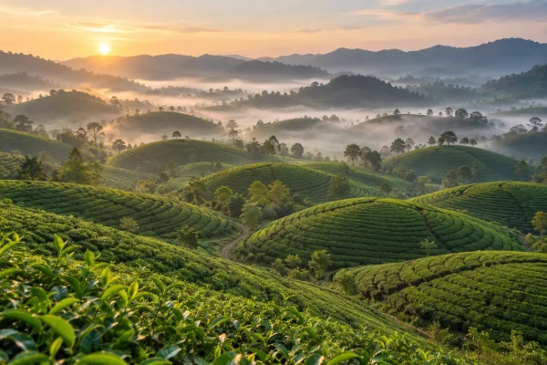 Les collines de thé de Long Coc se dévoilent dans la brume matinale.