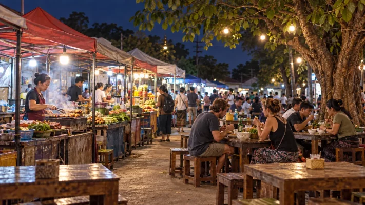 À Vientiane, la soirée se prolonge autour des étals de cuisine de rue.
