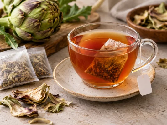Le thé d’artichaut, souvent proposé en sachet, est particulièrement apprécié à Da Lat pour sa saveur douce et végétale.