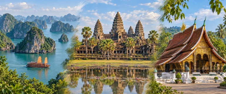 De la baie d’Halong aux temples d’Angkor et de Luang Prabang : trois escales au Vietnam, au Cambodge et au Laos.